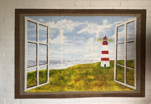 Muurschildering uitzicht over zee